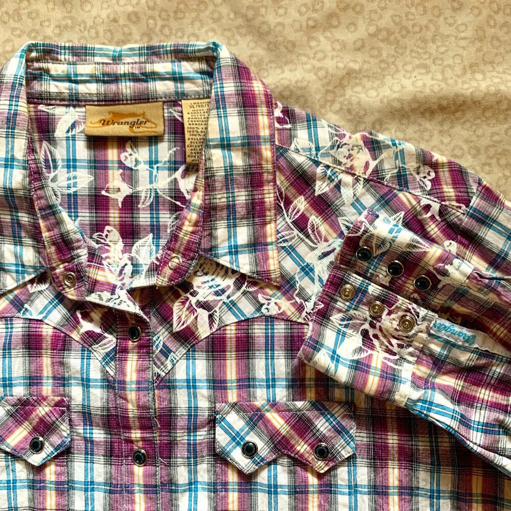 Fuscia + Turquoise Plaid Floral Western Blouse – XL